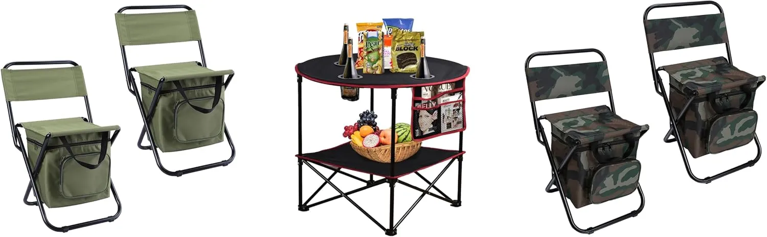 LEADALLWAY Camping Table Folding Picnic Table with 4 Cup Holders and Side Storage Bag  4 Piece Fishing Chair with Cooler Bag