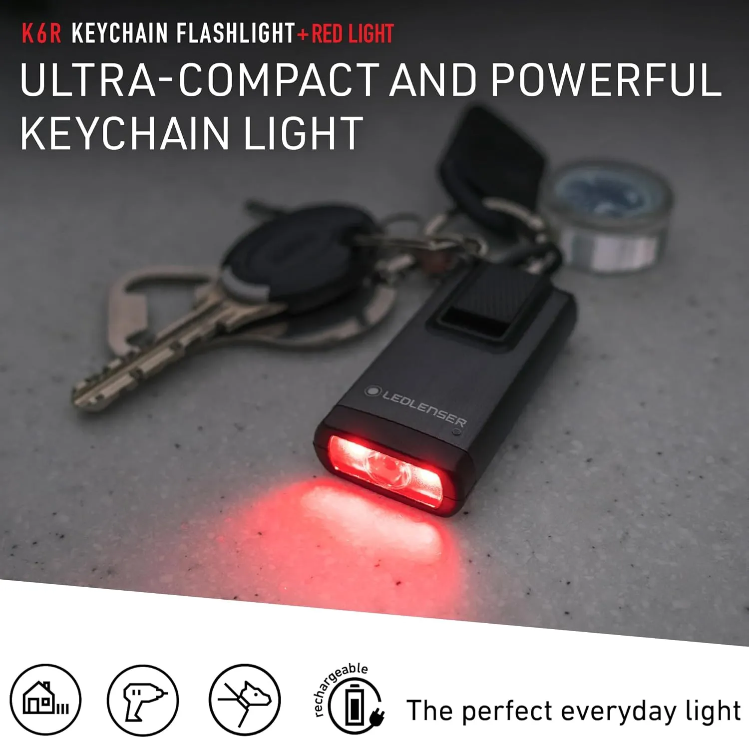 Ledlenser K6R Ultra-Compacted Foldout USB-A Rechargeable Keychain Flashlight 400 Lumens, Gray