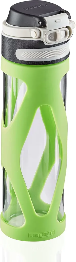 Leifheit 3260 Glasflasche Glass Flip 600 ml, 100% Tight Sports, Practical One Hand, Drinking Filter for Fruit Infuser Sustainable Water Bottle, BPA-Free, Shockproof, Green, Kiwi