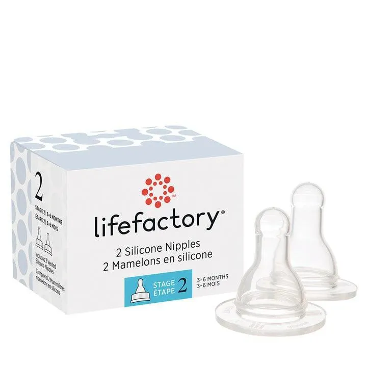 LifeFactory Silicone Nipples For 4oz & 9oz Glass Bottles-2 Pack