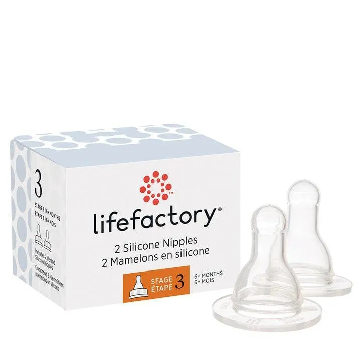 LifeFactory Silicone Nipples For 4oz & 9oz Glass Bottles-2 Pack
