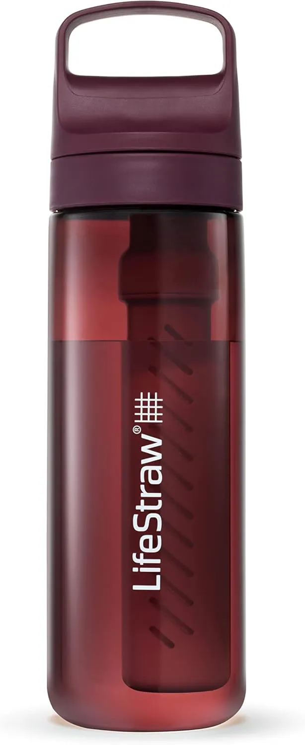 LifeStraw Go Series – BPA-Free Water Filter Bottle for Travel and Everyday use removes Bacteria, parasites and microplastics, Improves Taste, 22oz Merlot Me Away