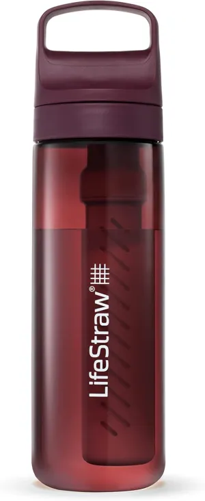 LifeStraw Go Series – BPA-Free Water Filter Bottle for Travel and Everyday use removes Bacteria, parasites and microplastics, Improves Taste, 22oz Merlot Me Away