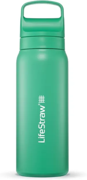 LifeStraw Go Series – Insulated Stainless Steel Water Filter Bottle for Travel and Everyday Use, Removes Bacteria, Parasites and Microplastics, Improves Taste, 24oz Cactus Green