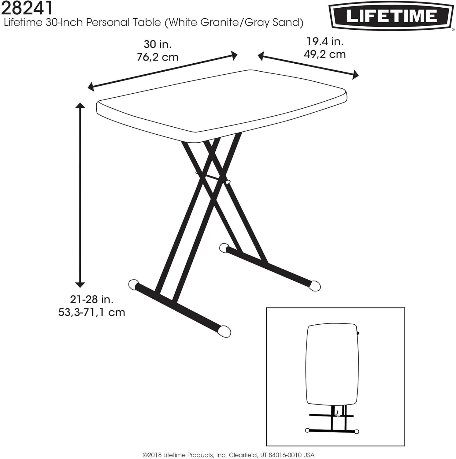 Lifetime 28241 Adjustable Folding Laptop Table TV Tray, 30 Inch, White Granite
