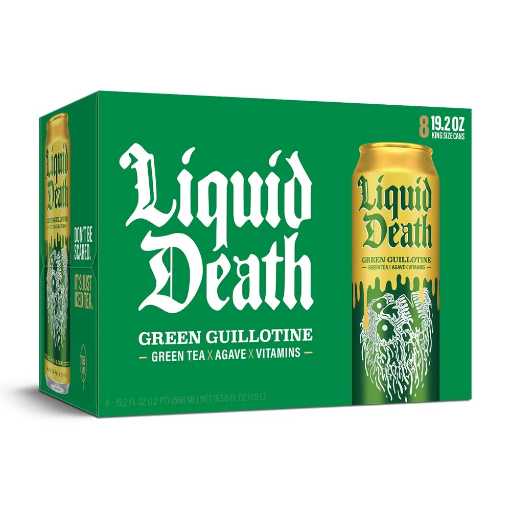 Liquid Death, Green Guillotine Iced Tea, 8-Pack (19.2oz Cans), Green Tea, Low Calorie, No Artificial Sweeteners, B12 & B6 Vitamins