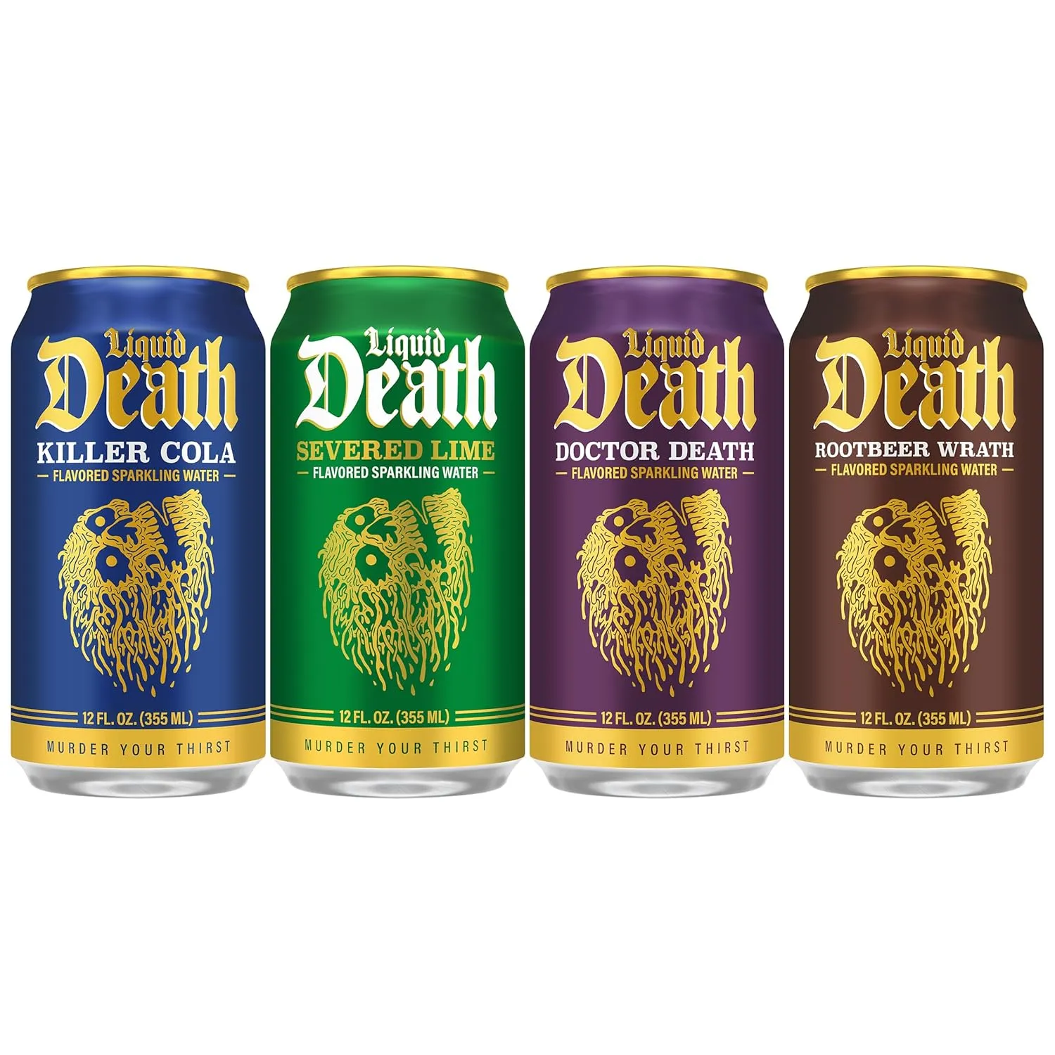 Liquid Death, Severed Lime, Doctor Death, Killer Cola, and Rootbeer Wrath, Soda-Flavored Sparkling Water Variety Pack, 12-Pack (12oz Cans), Low Calorie & No Artificial Sweeteners