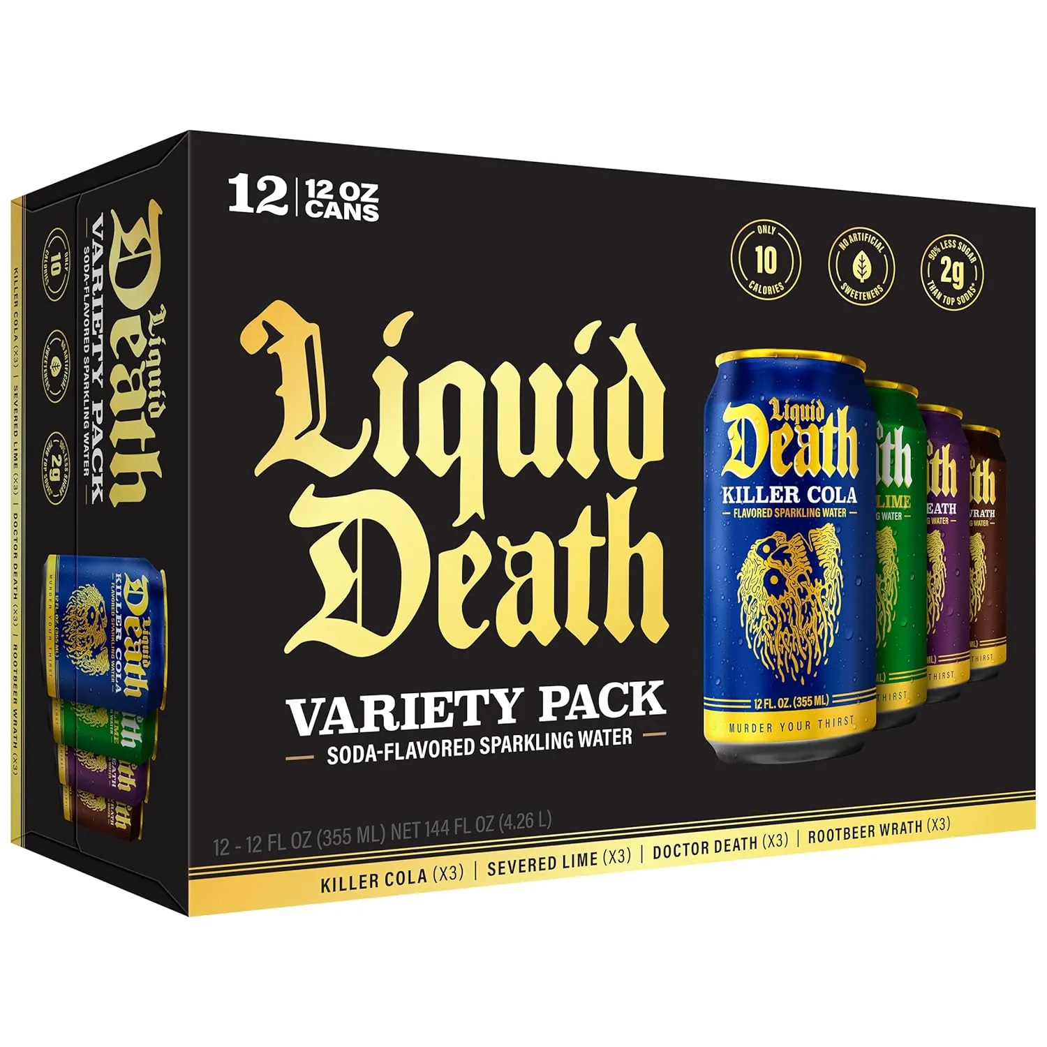 Liquid Death, Severed Lime, Doctor Death, Killer Cola, and Rootbeer Wrath, Soda-Flavored Sparkling Water Variety Pack, 12-Pack (12oz Cans), Low Calorie & No Artificial Sweeteners