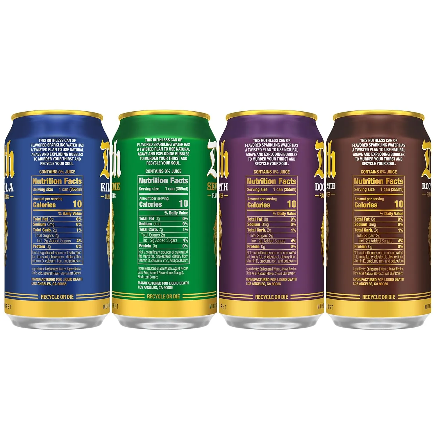 Liquid Death, Severed Lime, Doctor Death, Killer Cola, and Rootbeer Wrath, Soda-Flavored Sparkling Water Variety Pack, 12-Pack (12oz Cans), Low Calorie & No Artificial Sweeteners