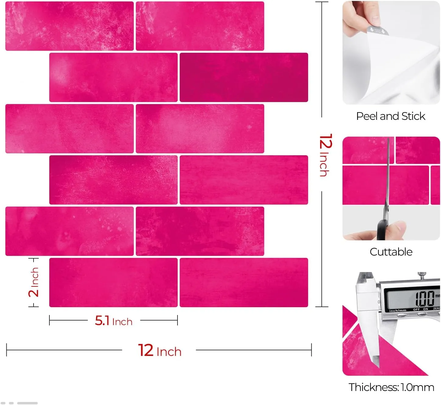 Livelynine 16-pcs Peel and Stick Subway Tile Backsplash for Kitchen Wall 12x12 Dark Pink Peel and Stick Tile for Bathroom Shower Walls Self Adhesive Back Splash Tiles Sticker Removable Back Splashes