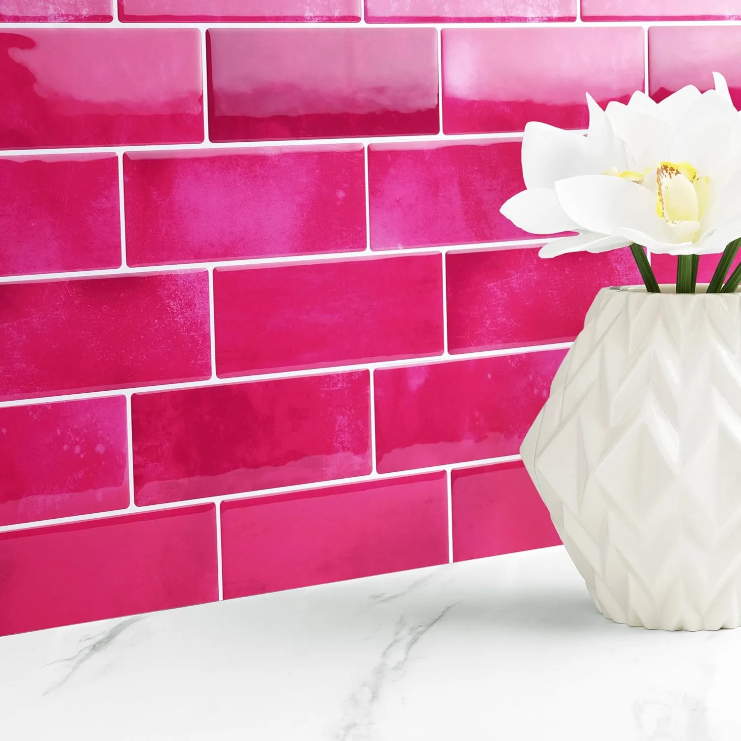 Livelynine 16-pcs Peel and Stick Subway Tile Backsplash for Kitchen Wall 12x12 Dark Pink Peel and Stick Tile for Bathroom Shower Walls Self Adhesive Back Splash Tiles Sticker Removable Back Splashes
