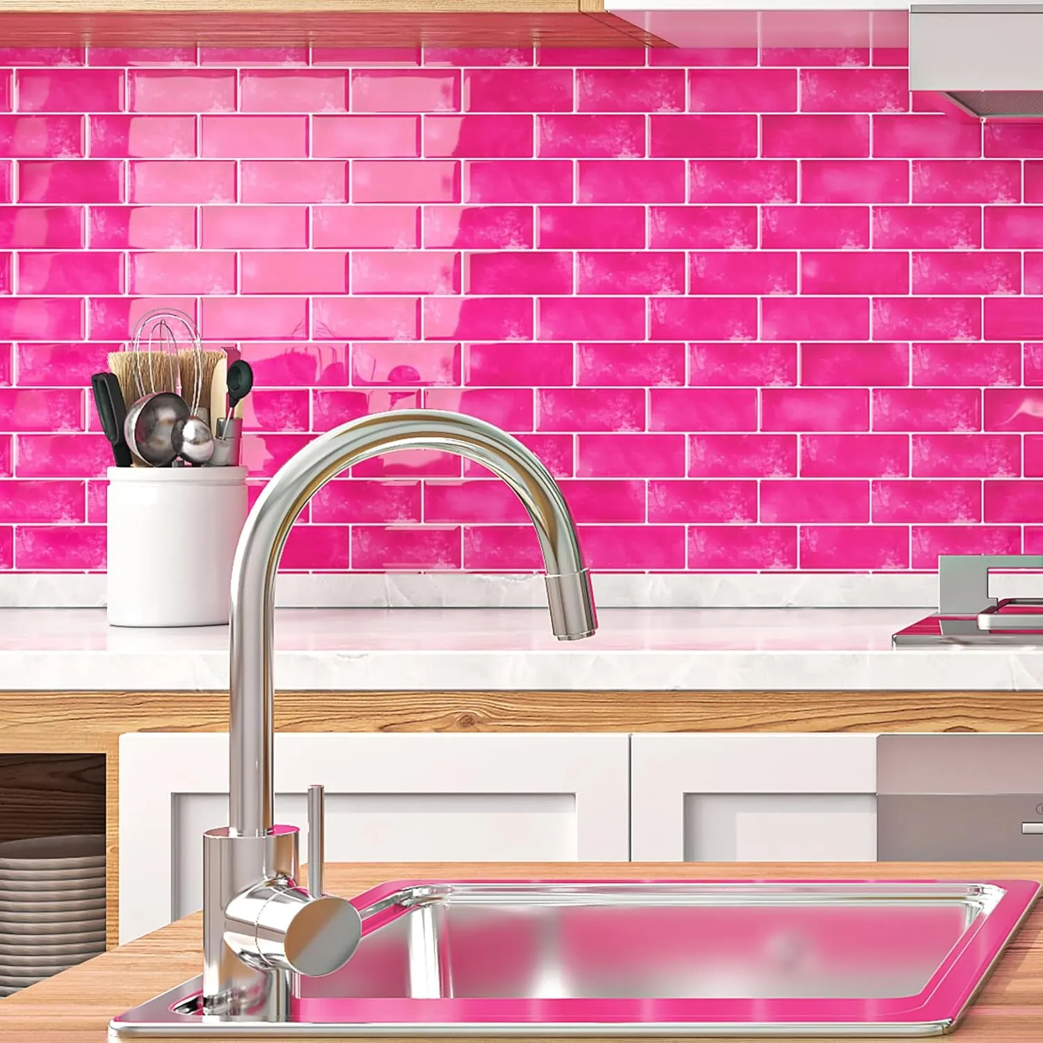 Livelynine 16-pcs Peel and Stick Subway Tile Backsplash for Kitchen Wall 12x12 Dark Pink Peel and Stick Tile for Bathroom Shower Walls Self Adhesive Back Splash Tiles Sticker Removable Back Splashes