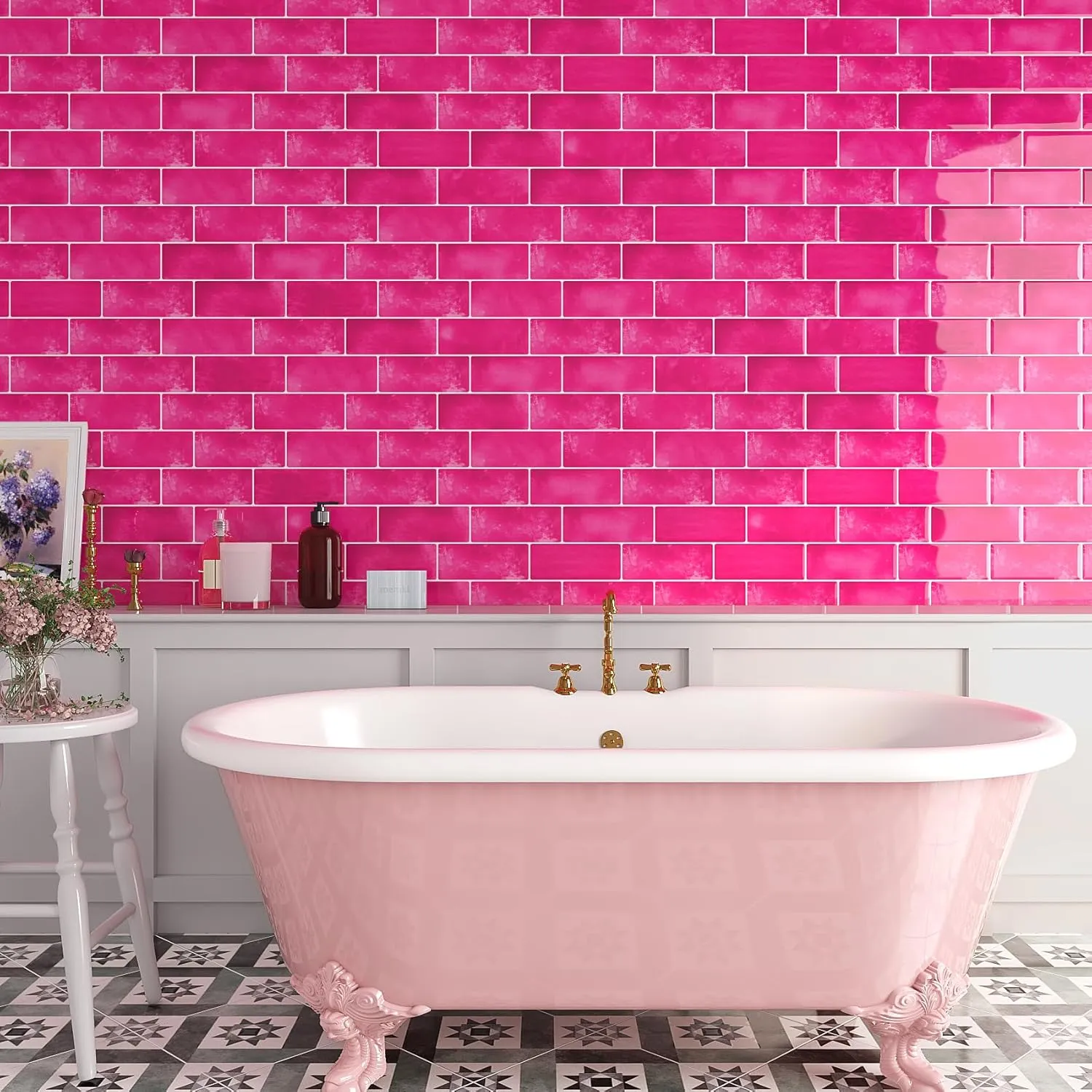 Livelynine 16-pcs Peel and Stick Subway Tile Backsplash for Kitchen Wall 12x12 Dark Pink Peel and Stick Tile for Bathroom Shower Walls Self Adhesive Back Splash Tiles Sticker Removable Back Splashes