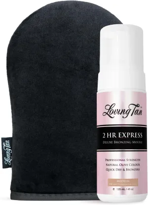 Loving Tan 2 HR Express Mousse, Medium   Mitt - Streak Free, Natural looking, Professional Strength Sunless Tanner- Up to 5 Applications per Bottle, Cruelty Free, Naturally Derived DHA - 4 FL Oz
