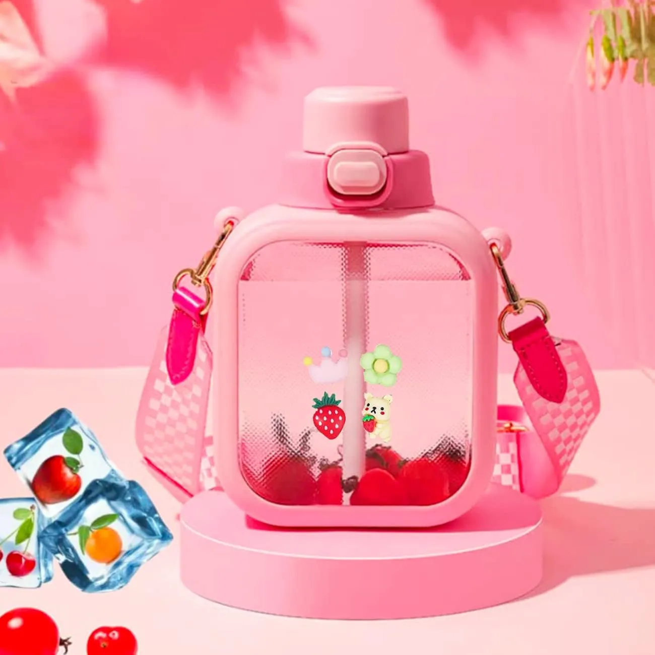 LueWeiLIFE 24 Oz Cute Clear Water Bottle Cold Chil Icel with Straw Portable Kawaii Transparent Bottles with Adjustable Strap for School Travel Camping Sports Travel (A-Pink)