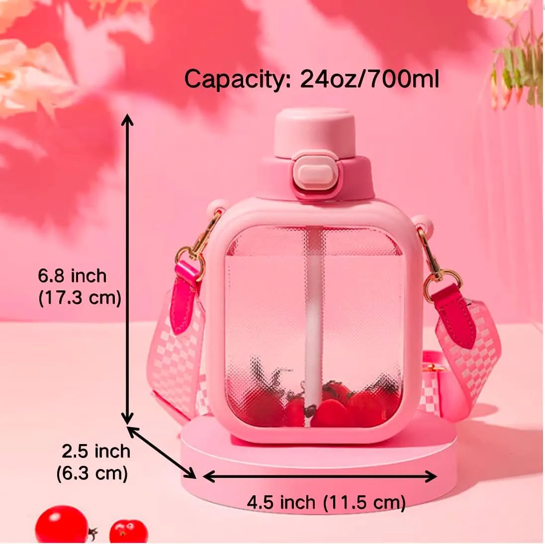 LueWeiLIFE 24 Oz Cute Clear Water Bottle Cold Chil Icel with Straw Portable Kawaii Transparent Bottles with Adjustable Strap for School Travel Camping Sports Travel (A-Pink)