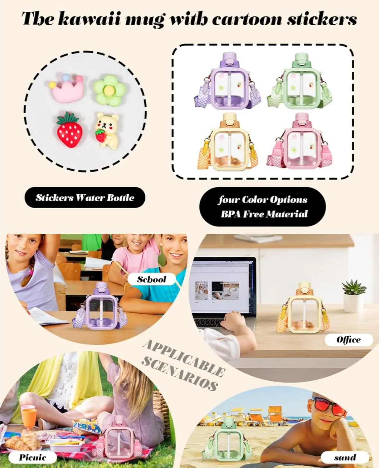 LueWeiLIFE 24 Oz Cute Clear Water Bottle Cold Chil Icel with Straw Portable Kawaii Transparent Bottles with Adjustable Strap for School Travel Camping Sports Travel (A-Pink)