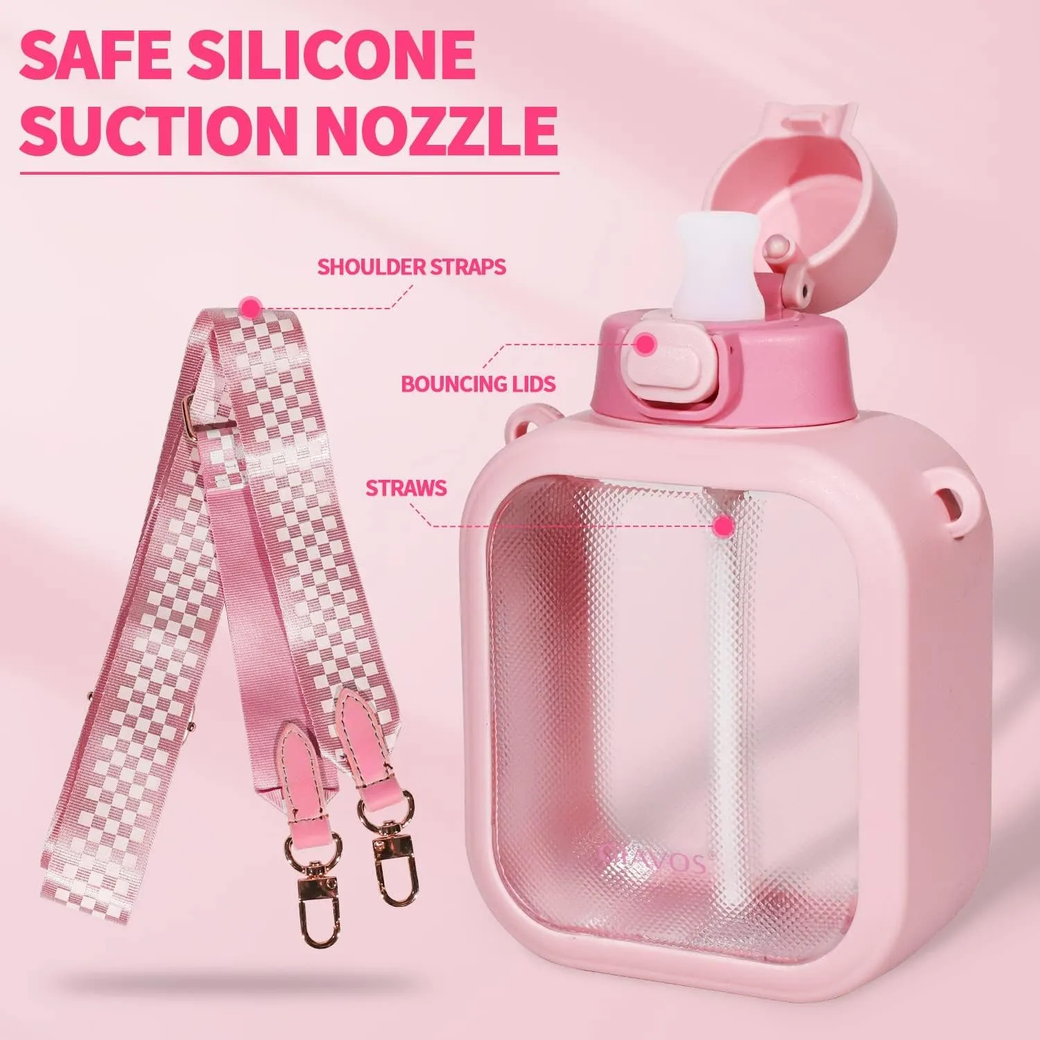 LueWeiLIFE 24 Oz Cute Clear Water Bottle Cold Chil Icel with Straw Portable Kawaii Transparent Bottles with Adjustable Strap for School Travel Camping Sports Travel (A-Pink)