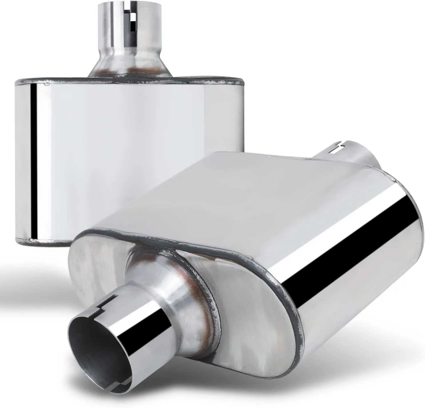M-AUTO 3" Inlet and Outlet, Universal Heavy Duty Stainless Steel Exhaust Muffler Assembly for Car Pickup Trucks, 12.5" Overall Length, Chrome