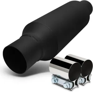 M-AUTO Universal Chrome Welded Muffler, 16" Overall Length Heavy Duty Stainless Steel Direct Fit Exhaust Muffler Assembly, 2.25" Inlet and Outlet, Balck