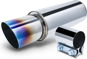 M-AUTO Universal Chrome Welded Muffler, 2.5" Inlet and 4" Outlet Heavy Duty Stainless Steel Direct Fit 17" Overall Length Exhaust Muffler Assembly Angle Cut Tip, Chrome