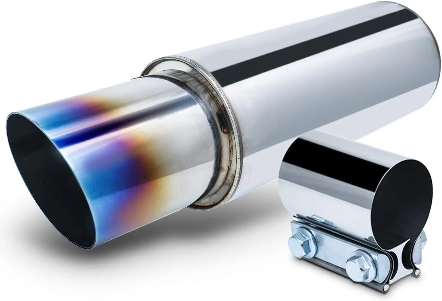 M-AUTO Universal Chrome Welded Muffler, 2.5" Inlet and 4" Outlet Heavy Duty Stainless Steel Direct Fit 17" Overall Length Exhaust Muffler Assembly Angle Cut Tip, Chrome