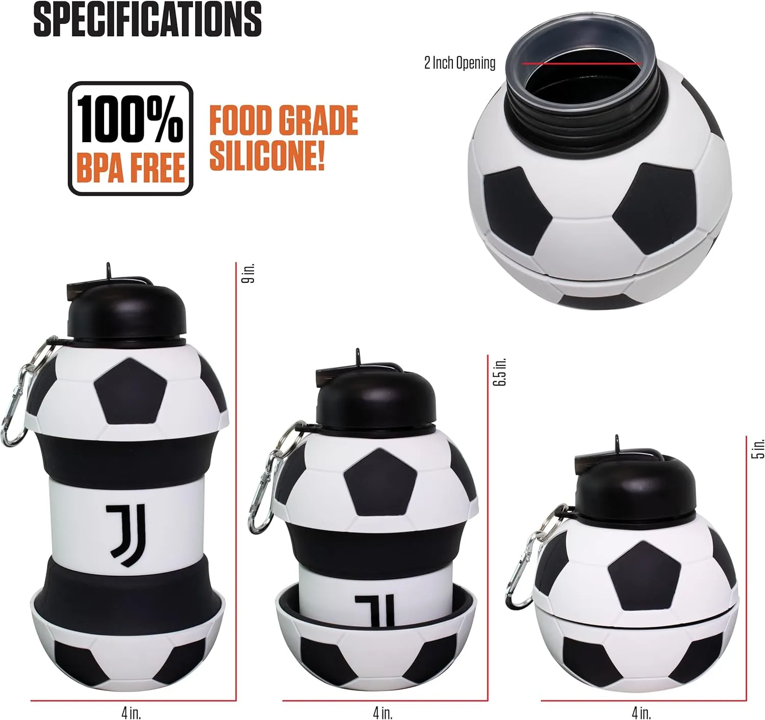 Maccabi ART Juventus Clip-On Collapsible 1 Liter, 34 oz. size BPA-Free Silicone Soccer Large Water Bottle
