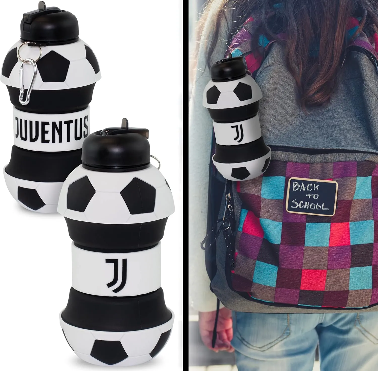 Maccabi ART Juventus Clip-On Collapsible 1 Liter, 34 oz. size BPA-Free Silicone Soccer Large Water Bottle