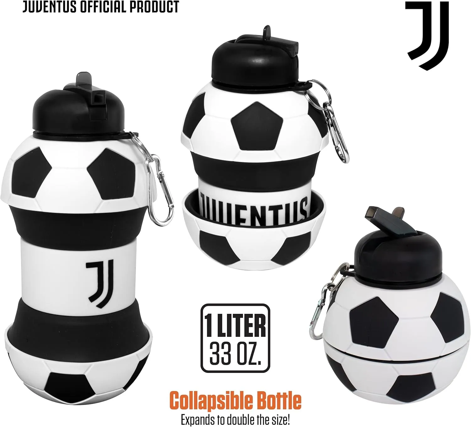Maccabi ART Juventus Clip-On Collapsible 1 Liter, 34 oz. size BPA-Free Silicone Soccer Large Water Bottle