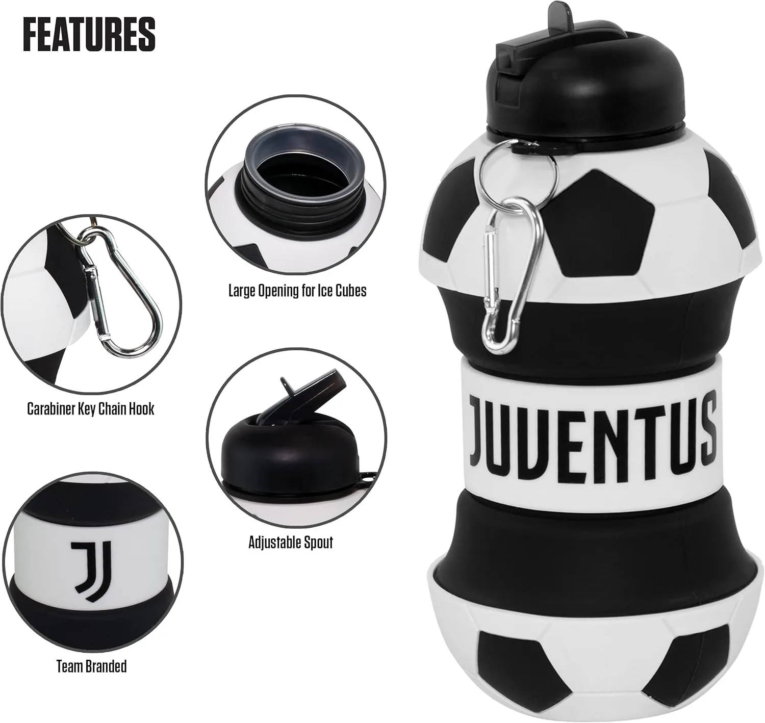 Maccabi ART Juventus Clip-On Collapsible 1 Liter, 34 oz. size BPA-Free Silicone Soccer Large Water Bottle