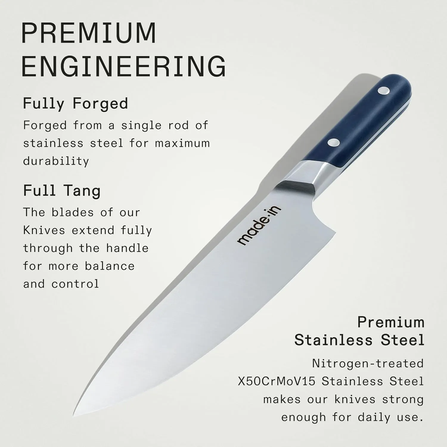 Made In Cookware - 8" Chef Knife - Crafted in France - Full Tang With Harbour Blue Handle