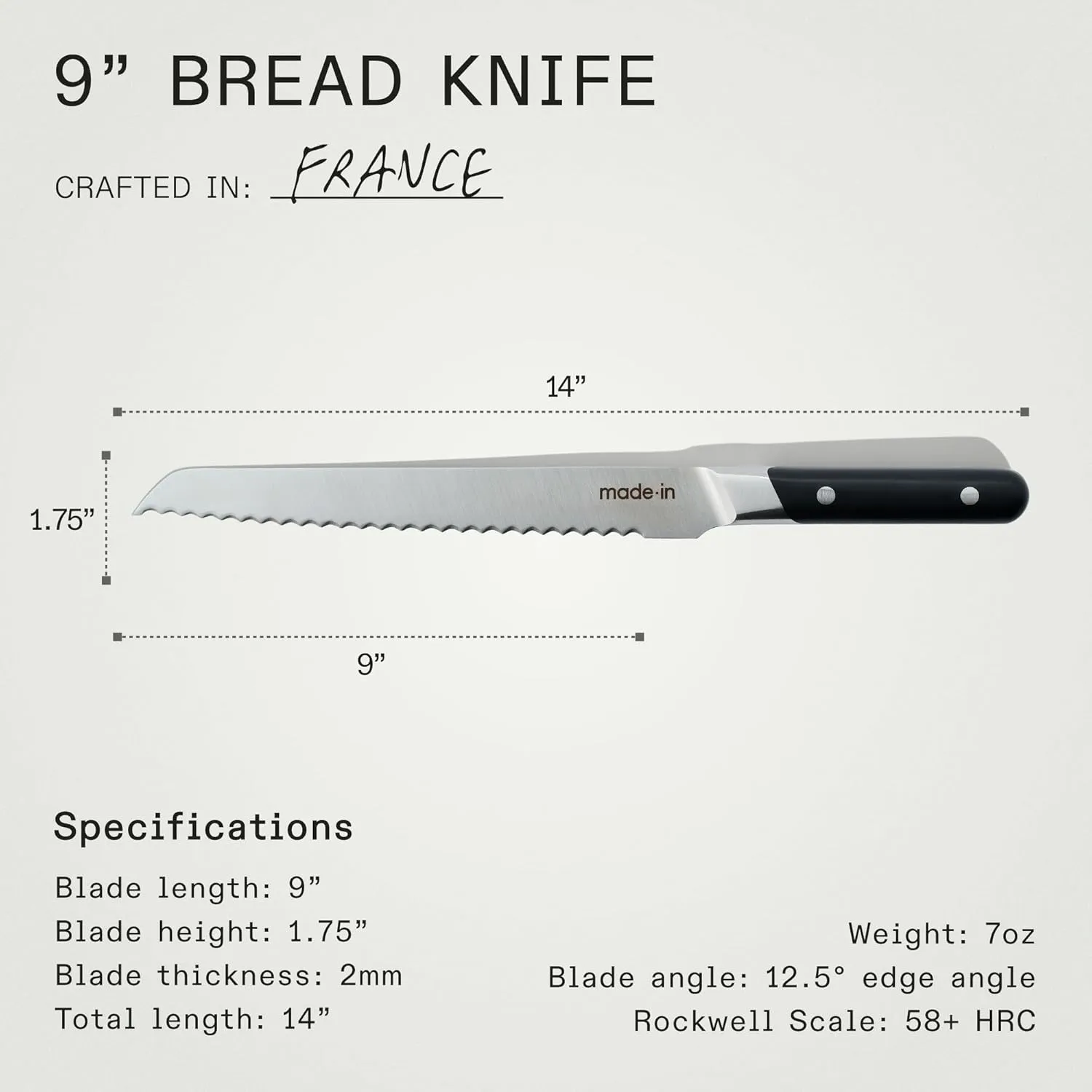 Made In Cookware - 9" Inch Bread Knife France - Full Tang With Truffle Black Handle
