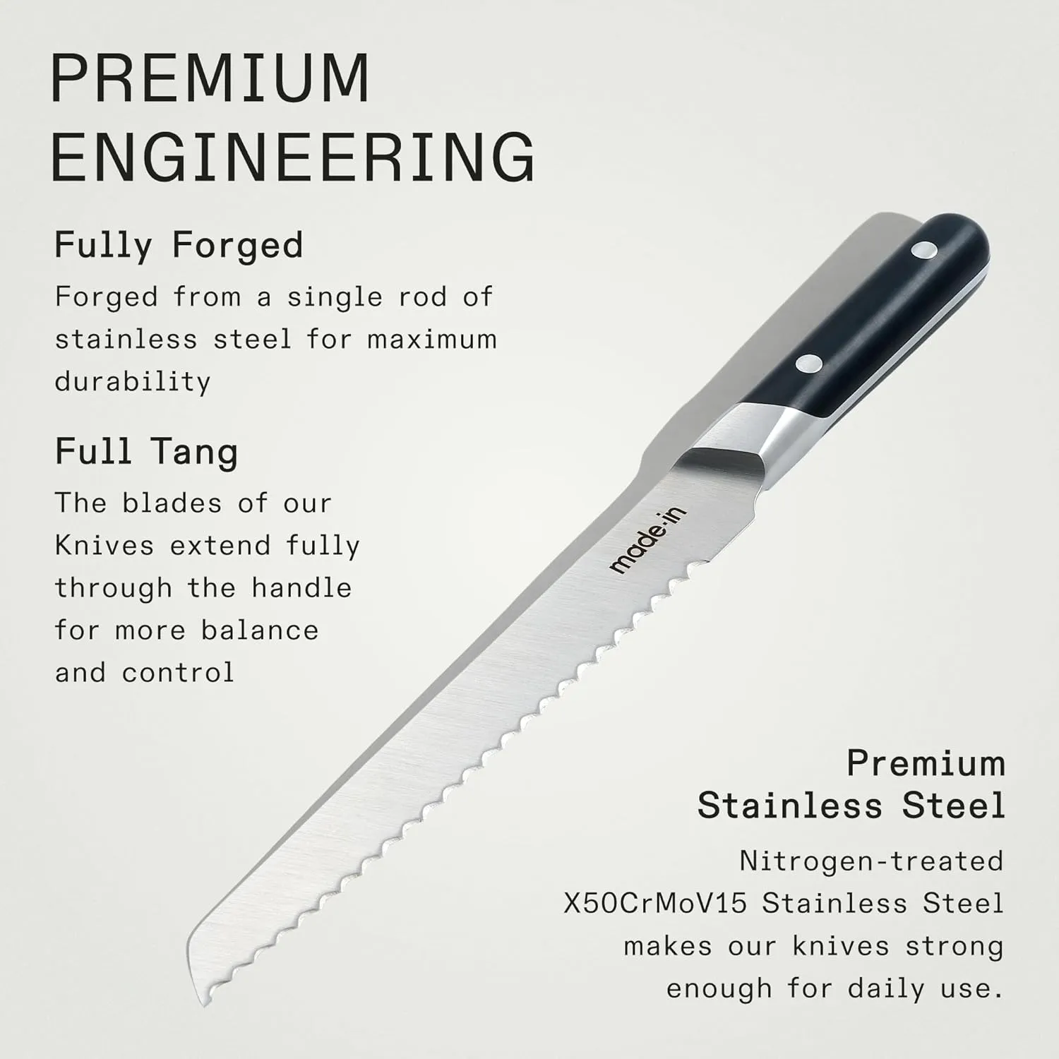 Made In Cookware - 9" Inch Bread Knife France - Full Tang With Truffle Black Handle