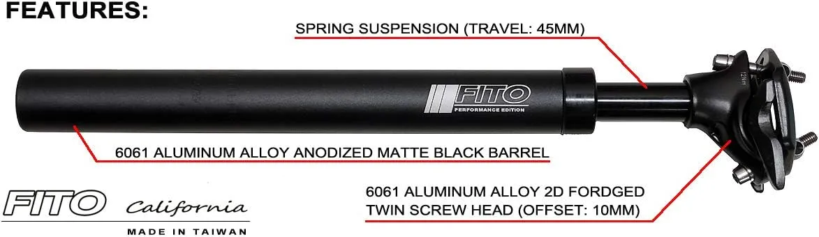 Made in Taiwan. Fito Performance Edition 6061 Aluminum Alloy Bicycle Suspension Seatpost 27.2 30.9 31.6 (350mm)