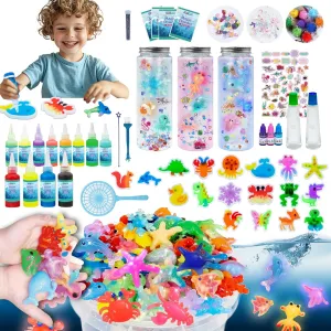 Make 3 Sensory Bottle, Glow-in-The-Dark Magic Gel Water Fairy Toy, DIY 100  Aqua Water Squishy kit with 18 Shape Molds, 100ml Gels, 5L Bucket, Shell, Glitter, Pom-Poms, Arts Crafts for Kids