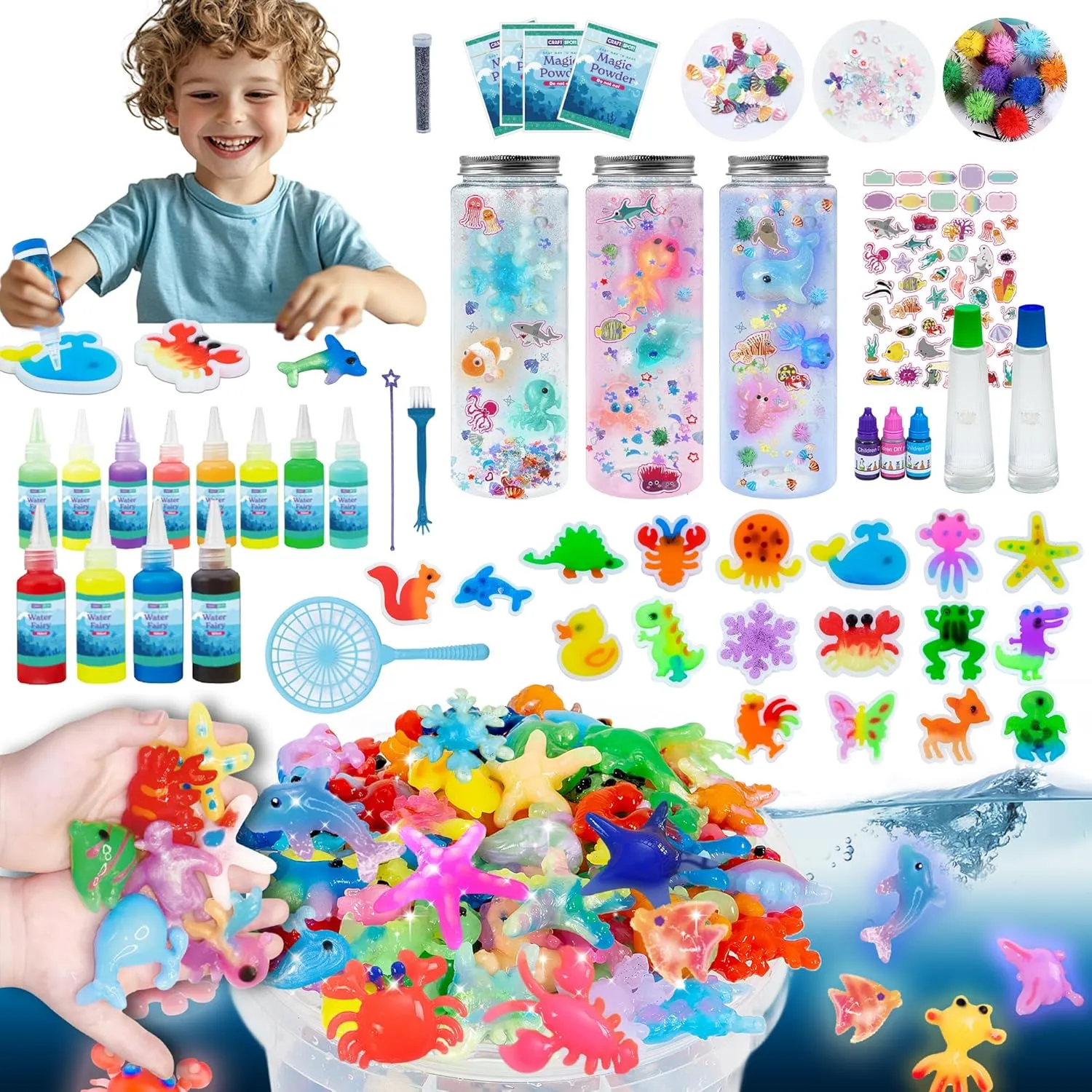 Make 3 Sensory Bottle, Glow-in-The-Dark Magic Gel Water Fairy Toy, DIY 100  Aqua Water Squishy kit with 18 Shape Molds, 100ml Gels, 5L Bucket, Shell, Glitter, Pom-Poms, Arts Crafts for Kids