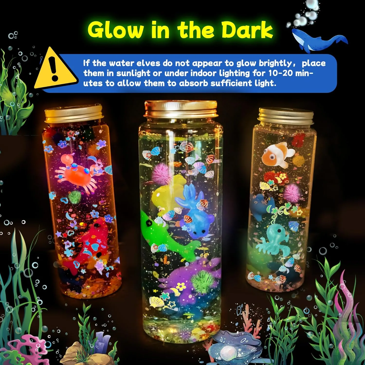 Make 3 Sensory Bottle, Glow-in-The-Dark Magic Gel Water Fairy Toy, DIY 100  Aqua Water Squishy kit with 18 Shape Molds, 100ml Gels, 5L Bucket, Shell, Glitter, Pom-Poms, Arts Crafts for Kids