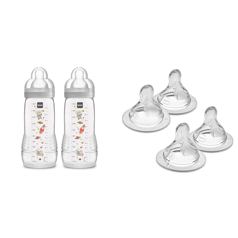 MAM Easy Active Bottle 11 oz (2-Count), Fast Flow Bottles, 4  Month, Unisex, Gray & Bottle Nipples Mixed Flow Pack - Fast Flow Nipple Level 3 and Extra Fast Flow Nipple Level 4