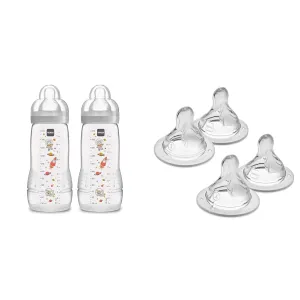 MAM Easy Active Bottle 11 oz (2-Count), Fast Flow Bottles, 4  Month, Unisex, Gray & Bottle Nipples Mixed Flow Pack - Fast Flow Nipple Level 3 and Extra Fast Flow Nipple Level 4