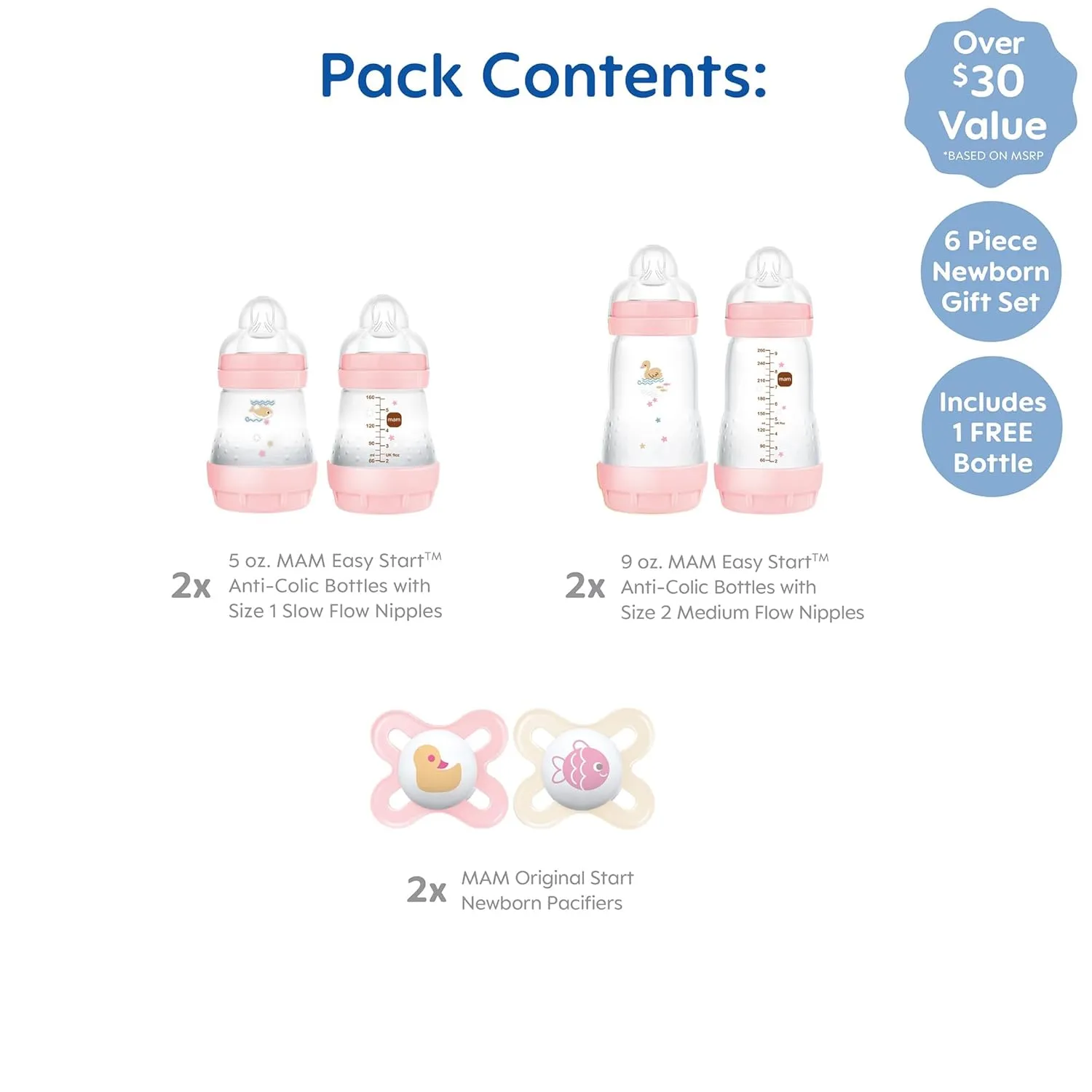 MAM Feed & Soothe Feeding Set, Newborn Essentials Must Have for 0-3 Months, Including 6 Pieces, Anti-Colic Baby Bottle Self-Sterilizing, Skinsoft Silicone Pacifiers, Baby Gift, Girl