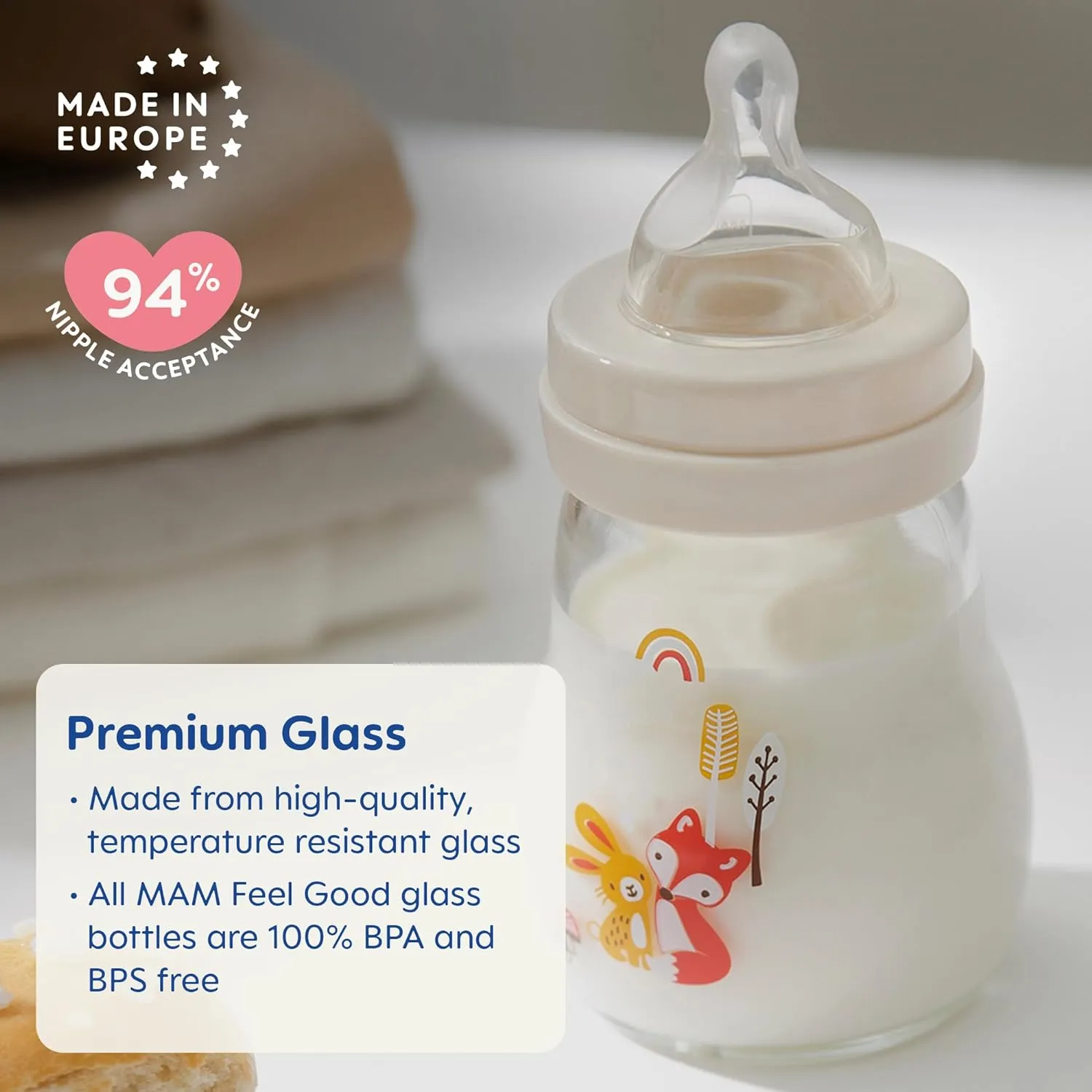 MAM Feel Good Medium Flow Premium Glass Baby Bottles, Easy Switch Between Breast and Bottle, 9oz, 0  Months, Unisex, 3 Pack