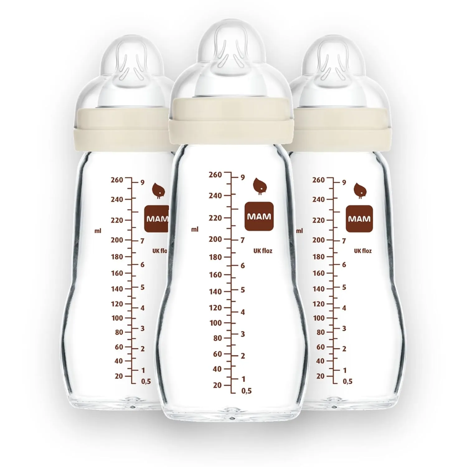 MAM Feel Good Medium Flow Premium Glass Baby Bottles, Easy Switch Between Breast and Bottle, 9oz, 0  Months, Unisex, 3 Pack