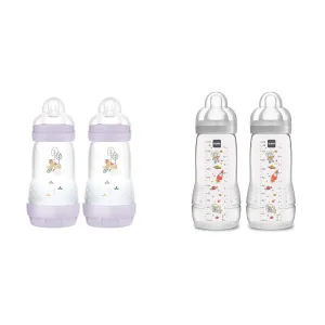 MAM Matte Anti-Colic Baby Bottles, 9 oz (2 Count), Medium Flow Nipples & MAM Easy Active Bottle 11 oz (2-Count), Fast Flow Bottles, Unisex
