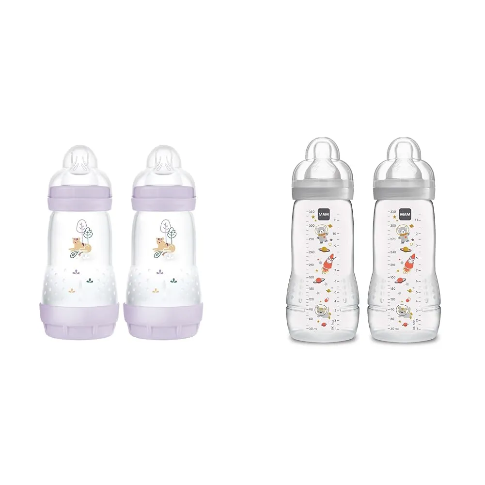 MAM Matte Anti-Colic Baby Bottles, 9 oz (2 Count), Medium Flow Nipples & MAM Easy Active Bottle 11 oz (2-Count), Fast Flow Bottles, Unisex