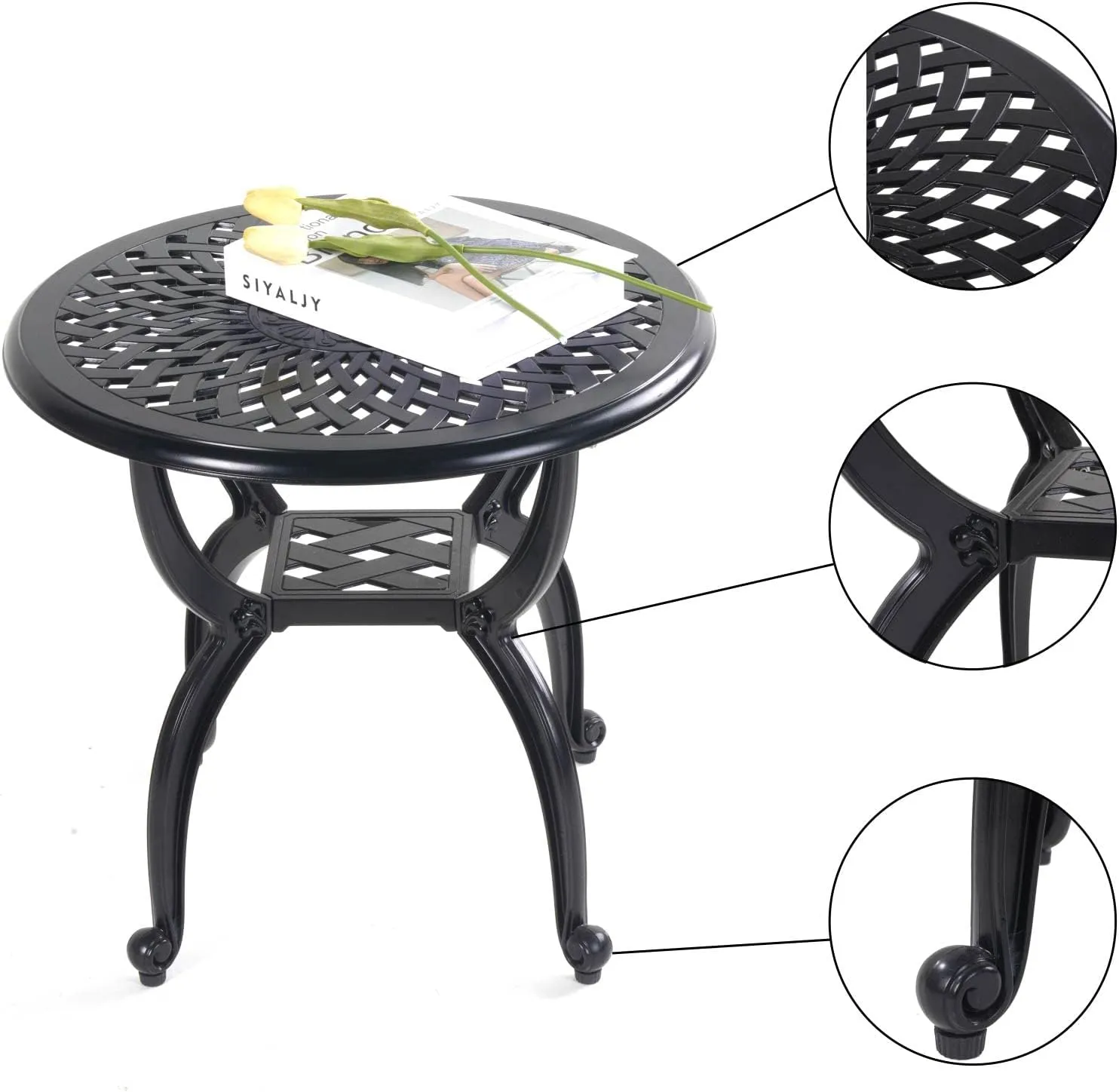 Mandolin Outdoor Patio,Rust -Resistant Cast Aluminum Side Table,Weather Resistant End Table，Coffee Table， Perfect for Patio, Backyard Or Garden.W 20.8" X H18.5(Aluminum Round, Black)