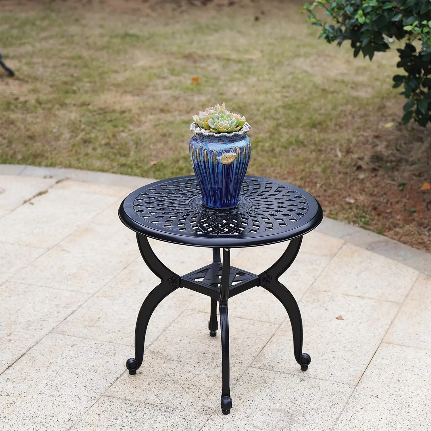 Mandolin Outdoor Patio,Rust -Resistant Cast Aluminum Side Table,Weather Resistant End Table，Coffee Table， Perfect for Patio, Backyard Or Garden.W 20.8" X H18.5(Aluminum Round, Black)