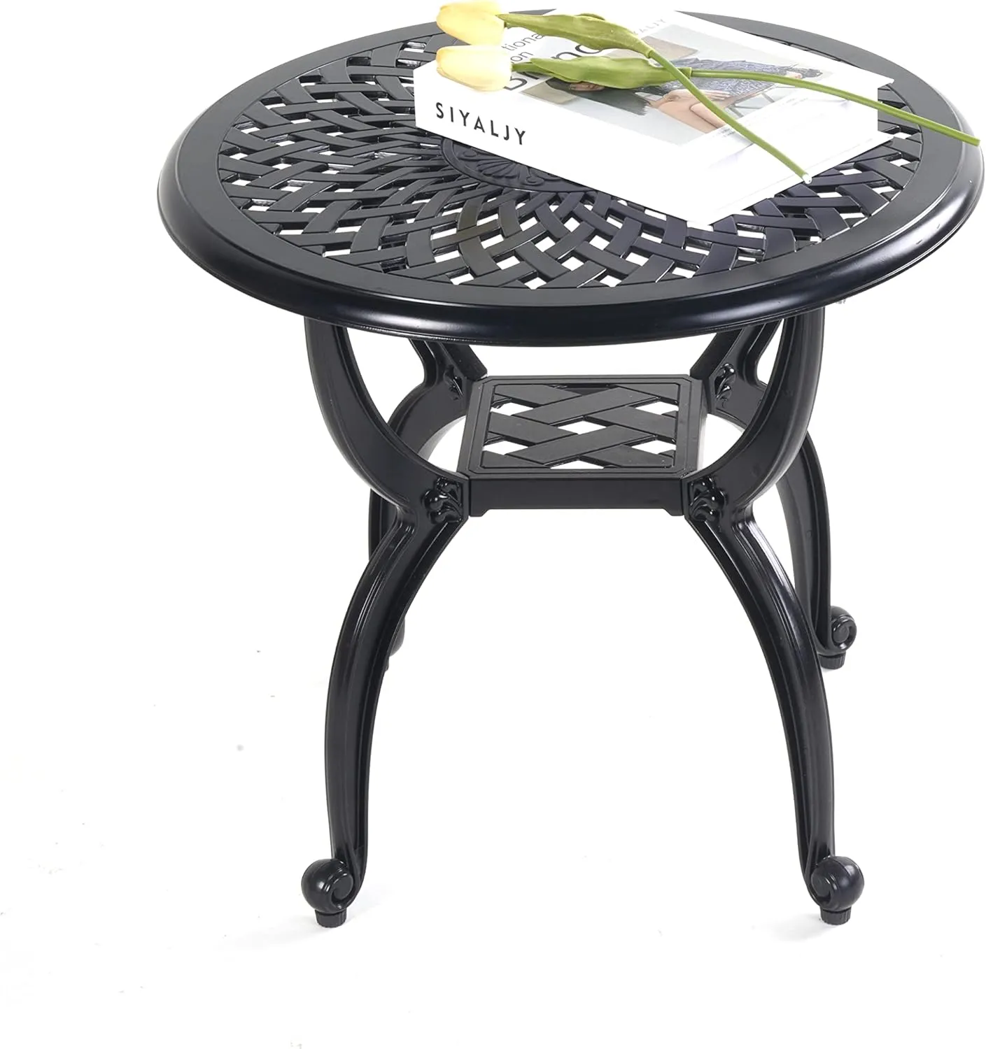 Mandolin Outdoor Patio,Rust -Resistant Cast Aluminum Side Table,Weather Resistant End Table，Coffee Table， Perfect for Patio, Backyard Or Garden.W 20.8" X H18.5(Aluminum Round, Black)