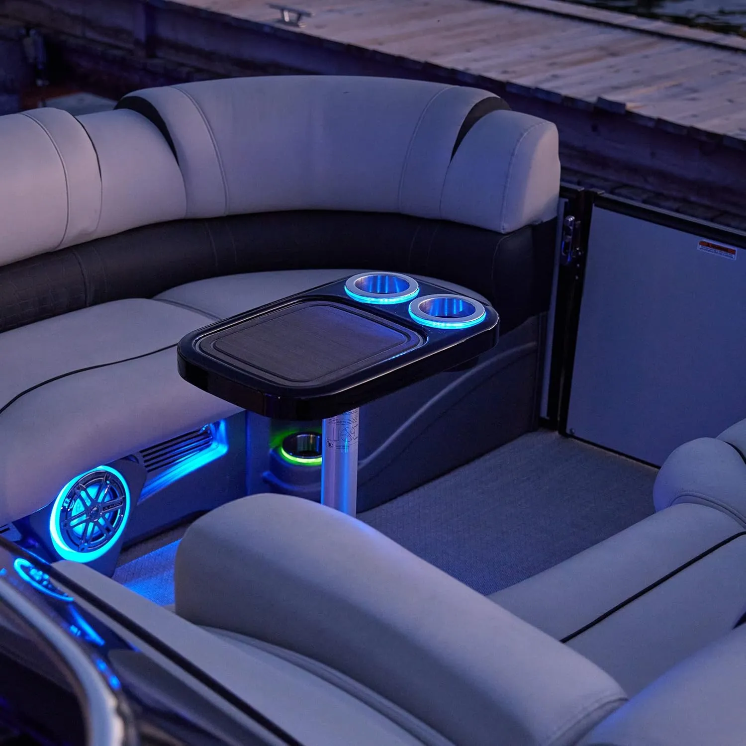 Manufacturers' Select Battery Op Lit Marine Cocktail Boat Table Leg Set with Blue LED Drink Holders Pontoon Accessories, Pedestal Table