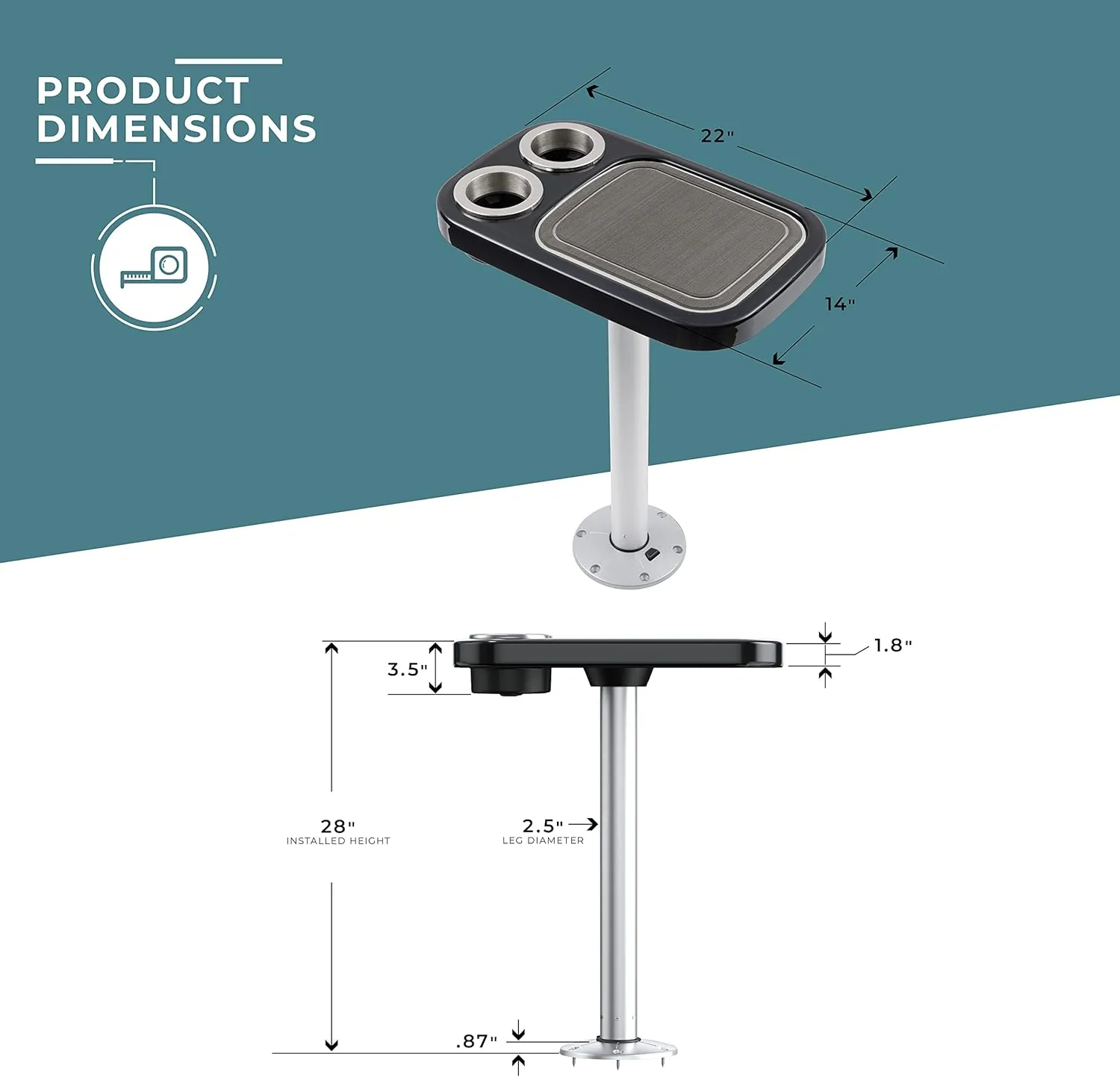 Manufacturers' Select Battery Op Lit Marine Cocktail Boat Table Leg Set with Blue LED Drink Holders Pontoon Accessories, Pedestal Table