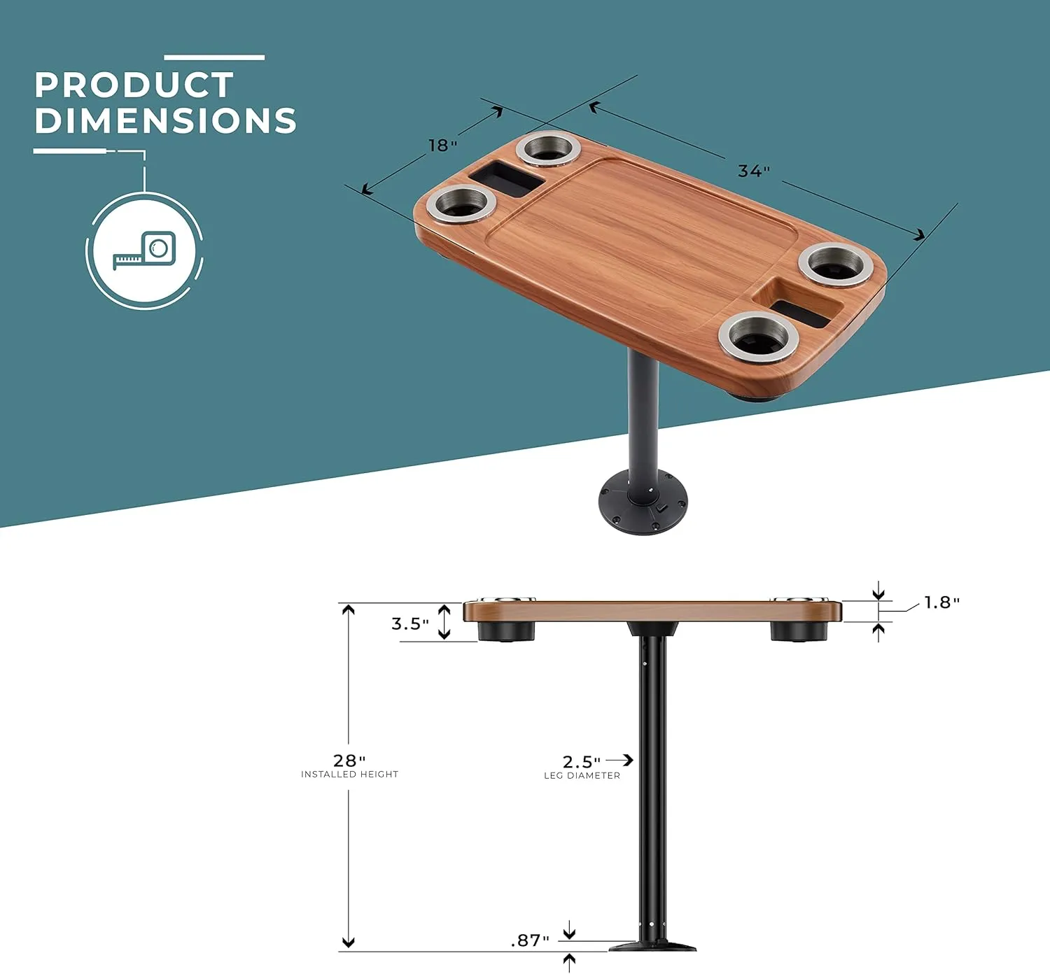 Manufacturers' Select ITC Boat Table Set - 18"x34" Removable Pontoon Boat Table with Pedestal Leg, 4 Drink Holders, and 2 Phone Stands (Cinnamon Brown Table with Black Leg)